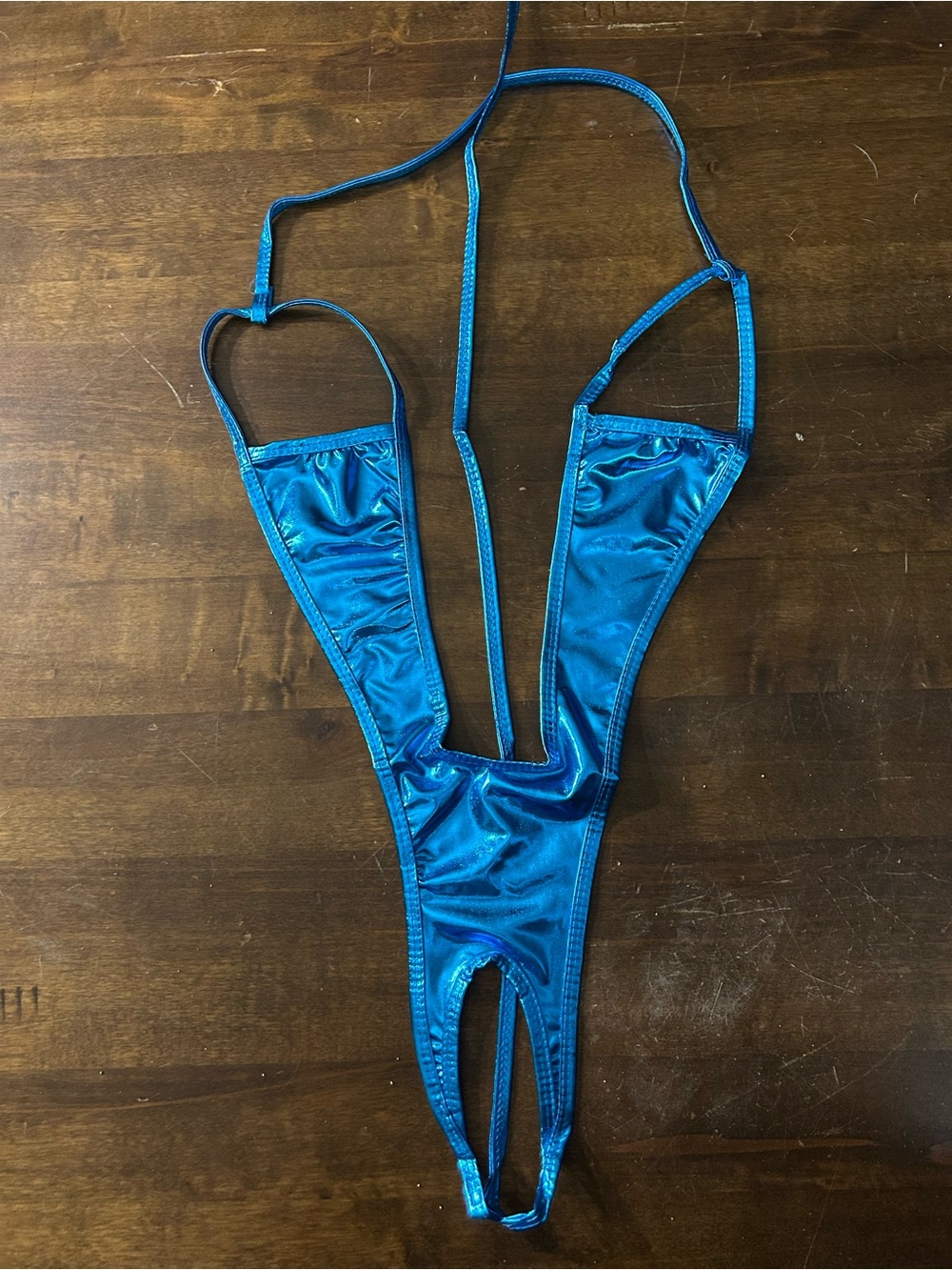 NWOT Sexy Skimpy Metallic Blue Open Cup & Open Crotch Slingshot Monokini Bikini - Picture 3 of 6